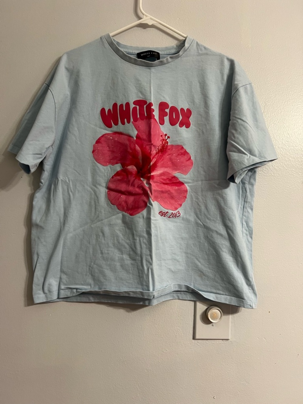 White Fox Light Blue Tee with Pink Hibiscus Graphic